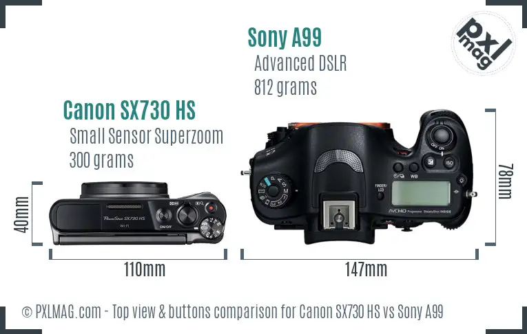 Canon SX730 HS vs Sony A99 top view buttons comparison