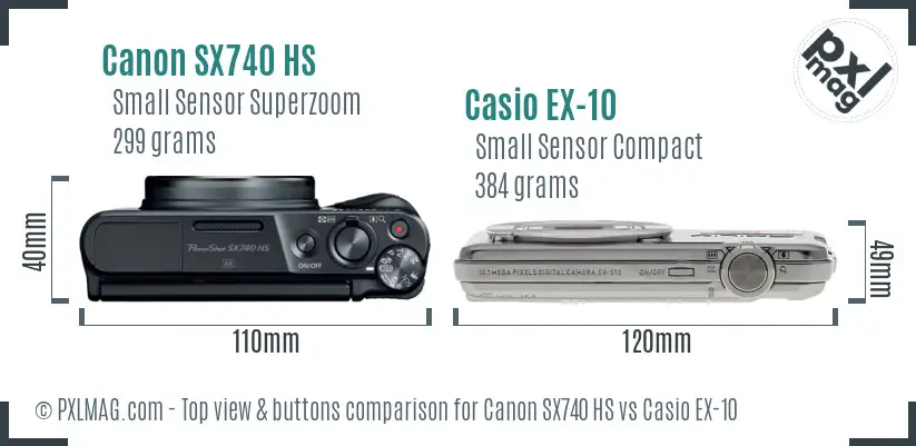 Canon SX740 HS vs Casio EX-10 top view buttons comparison Canon SX740 HS vs Casio EX-10 top view buttons comparison