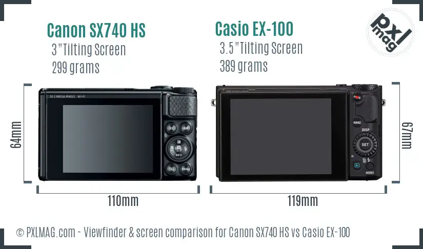 Canon SX740 HS vs Casio EX-100 Screen and Viewfinder comparison