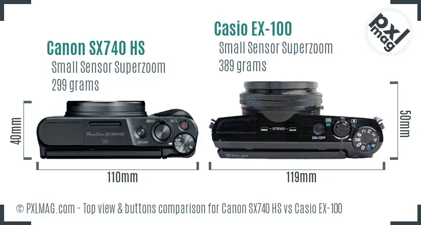 Canon SX740 HS vs Casio EX-100 top view buttons comparison