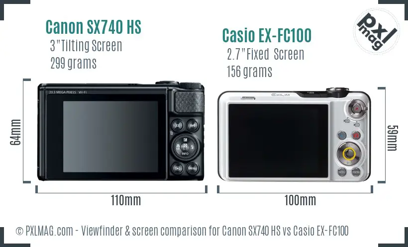 Canon SX740 HS vs Casio EX-FC100 Screen and Viewfinder comparison