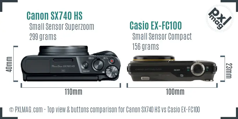 Canon SX740 HS vs Casio EX-FC100 top view buttons comparison