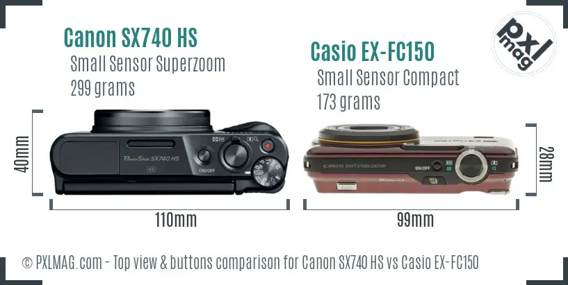 Canon SX740 HS vs Casio EX-FC150 top view buttons comparison