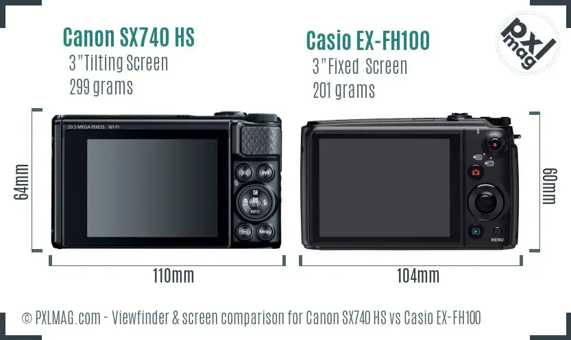 Canon SX740 HS vs Casio EX-FH100 Screen and Viewfinder comparison