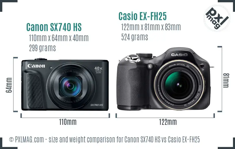 Canon SX740 HS vs Casio EX-FH25 size comparison