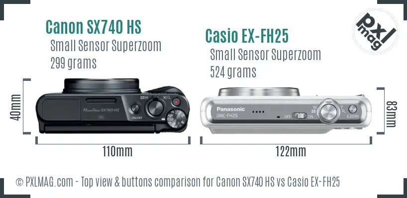 Canon SX740 HS vs Casio EX-FH25 top view buttons comparison