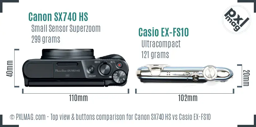 Canon SX740 HS vs Casio EX-FS10 top view buttons comparison Canon SX740 HS vs Casio EX-FS10 top view buttons comparison