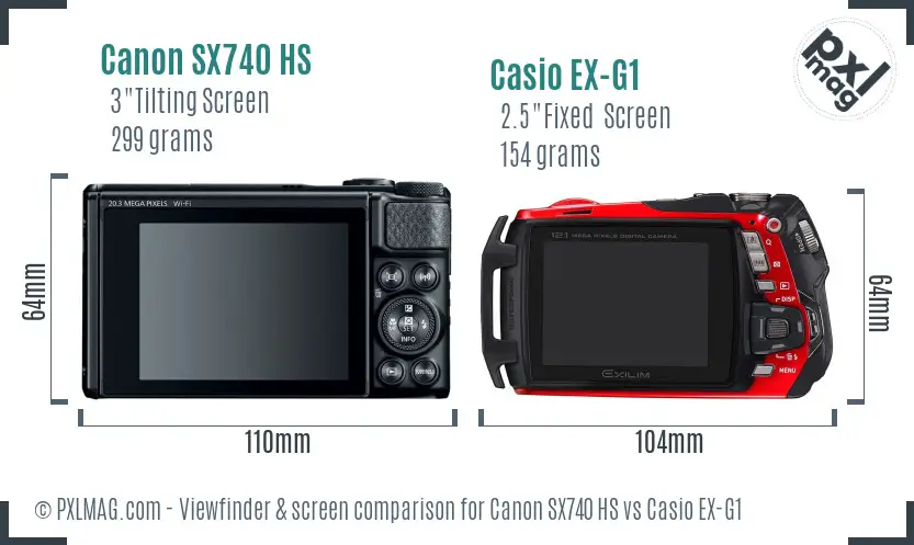 Canon SX740 HS vs Casio EX-G1 Screen and Viewfinder comparison