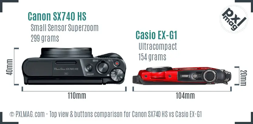 Canon SX740 HS vs Casio EX-G1 top view buttons comparison