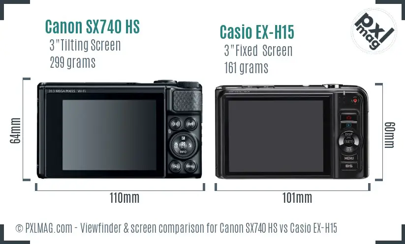 Canon SX740 HS vs Casio EX-H15 Screen and Viewfinder comparison