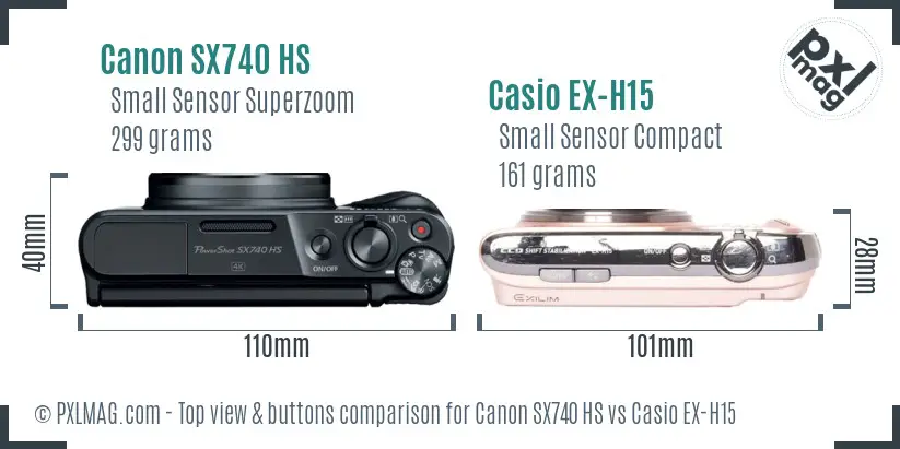 Canon SX740 HS vs Casio EX-H15 top view buttons comparison
