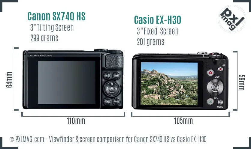 Canon SX740 HS vs Casio EX-H30 Screen and Viewfinder comparison