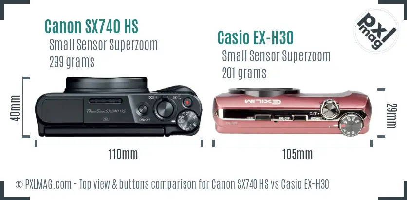 Canon SX740 HS vs Casio EX-H30 top view buttons comparison