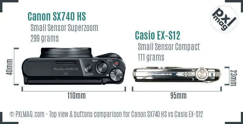 Canon SX740 HS vs Casio EX-S12 top view buttons comparison