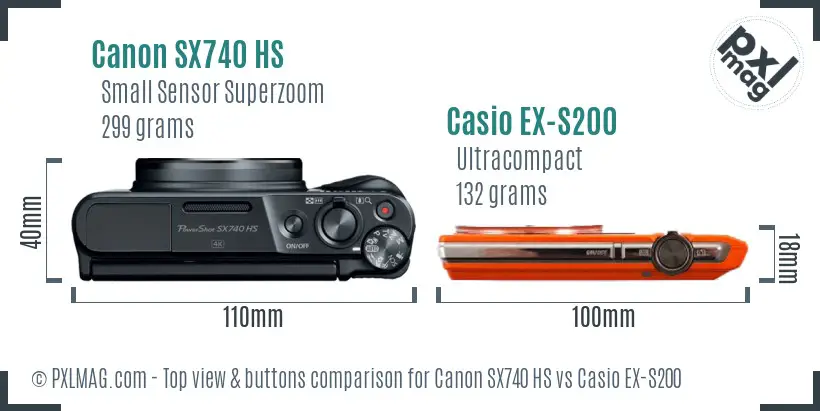 Canon SX740 HS vs Casio EX-S200 top view buttons comparison