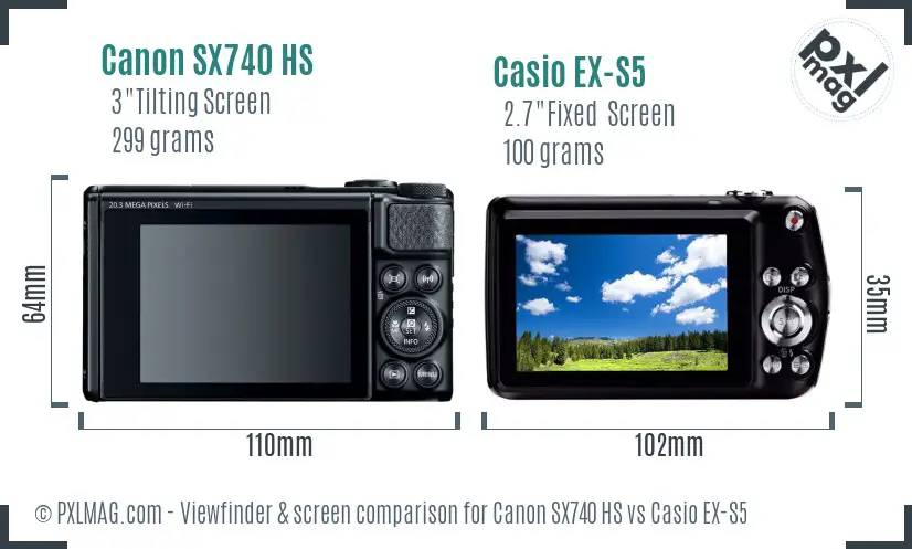 Canon SX740 HS vs Casio EX-S5 Screen and Viewfinder comparison