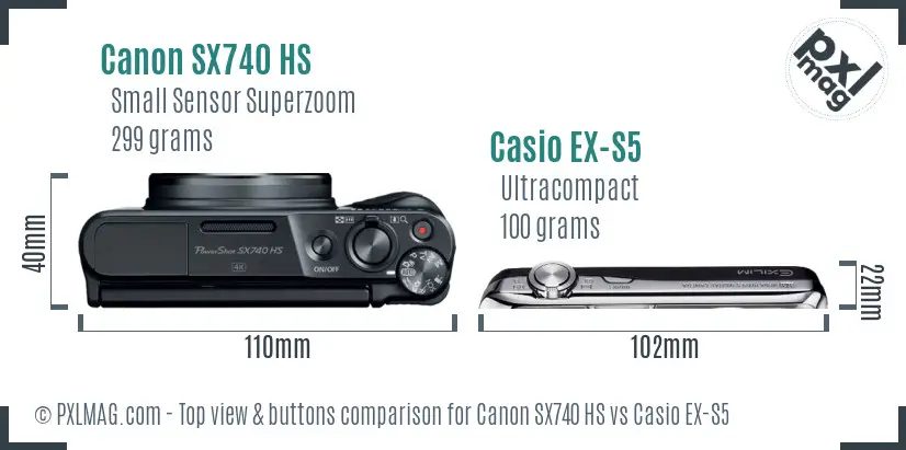 Canon SX740 HS vs Casio EX-S5 top view buttons comparison