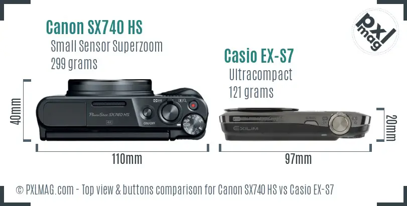 Canon SX740 HS vs Casio EX-S7 top view buttons comparison