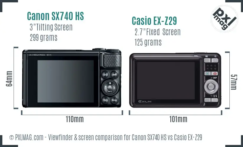 Canon SX740 HS vs Casio EX-Z29 Screen and Viewfinder comparison