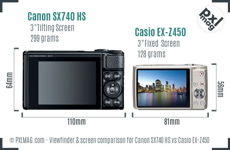 Canon SX740 HS vs Casio EX-Z450 Screen and Viewfinder comparison