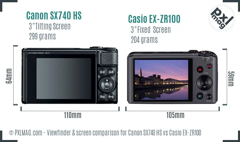 Canon SX740 HS vs Casio EX-ZR100 Screen and Viewfinder comparison
