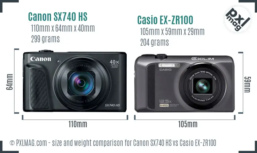 Canon SX740 HS vs Casio EX-ZR100 size comparison