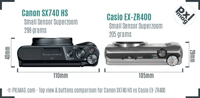 Canon SX740 HS vs Casio EX-ZR400 top view buttons comparison