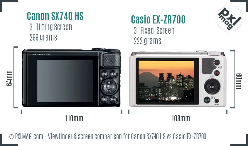 Canon SX740 HS vs Casio EX-ZR700 Screen and Viewfinder comparison