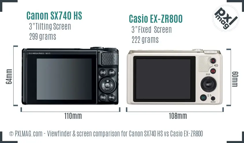 Canon SX740 HS vs Casio EX-ZR800 Screen and Viewfinder comparison
