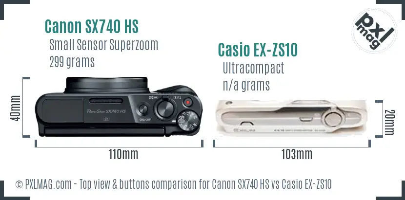 Canon SX740 HS vs Casio EX-ZS10 top view buttons comparison Canon SX740 HS vs Casio EX-ZS10 top view buttons comparison