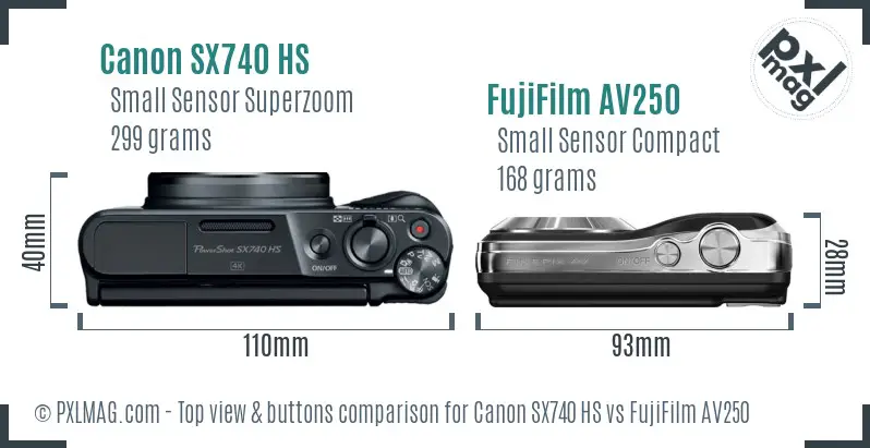 Canon SX740 HS vs FujiFilm AV250 top view buttons comparison Canon SX740 HS vs FujiFilm AV250 top view buttons comparison