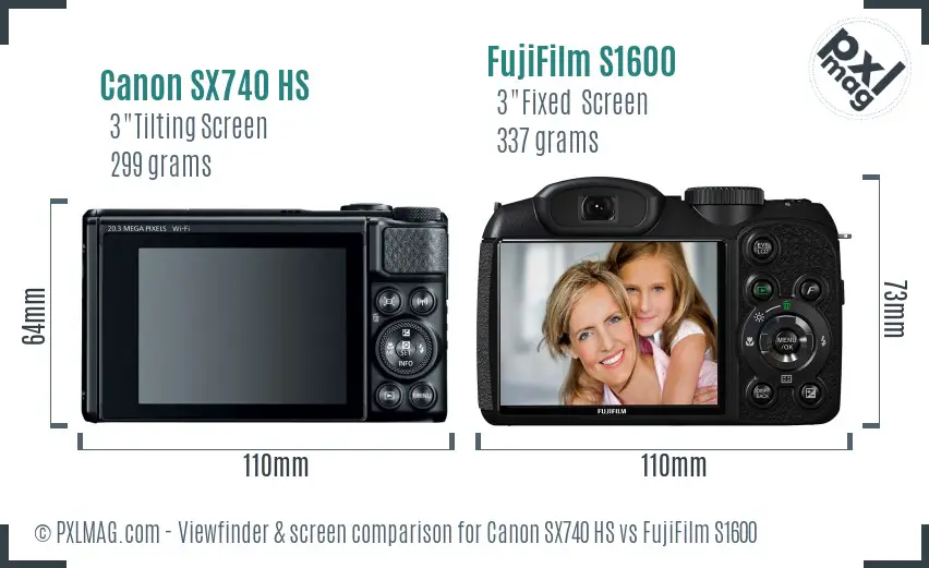 Canon SX740 HS vs FujiFilm S1600 Screen and Viewfinder comparison