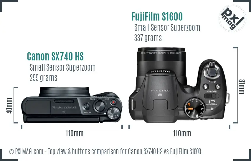 Canon SX740 HS vs FujiFilm S1600 top view buttons comparison