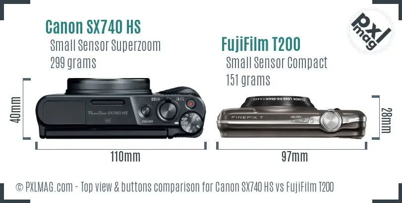 Canon SX740 HS vs FujiFilm T200 top view buttons comparison
