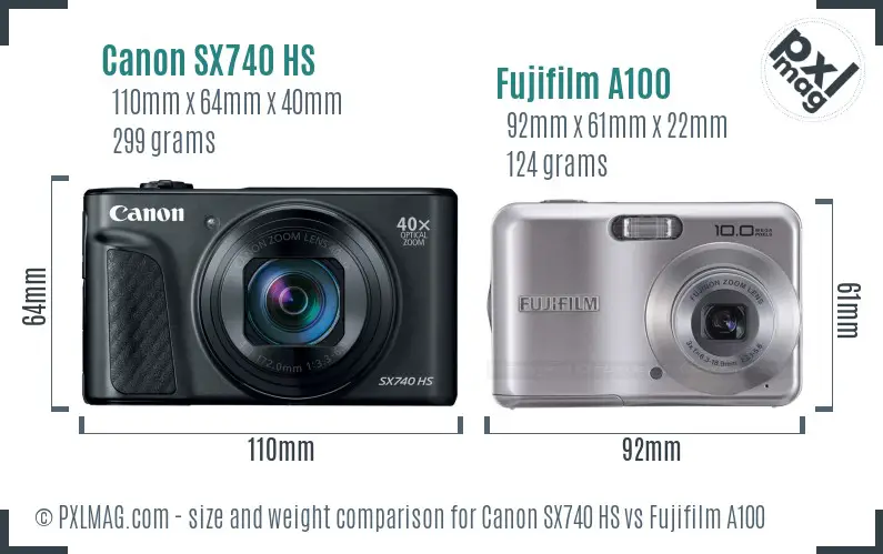Canon SX740 HS vs Fujifilm A100 size comparison