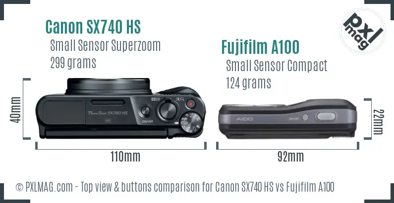 Canon SX740 HS vs Fujifilm A100 top view buttons comparison