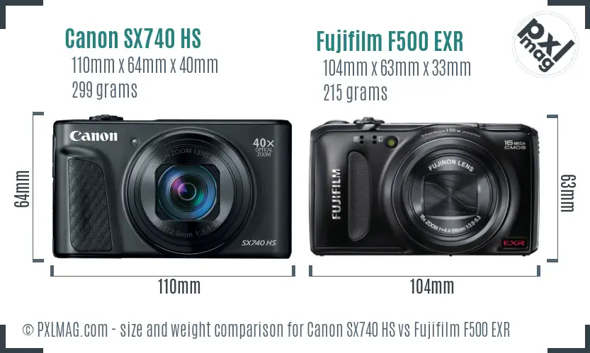 Canon SX740 HS vs Fujifilm F500 EXR size comparison