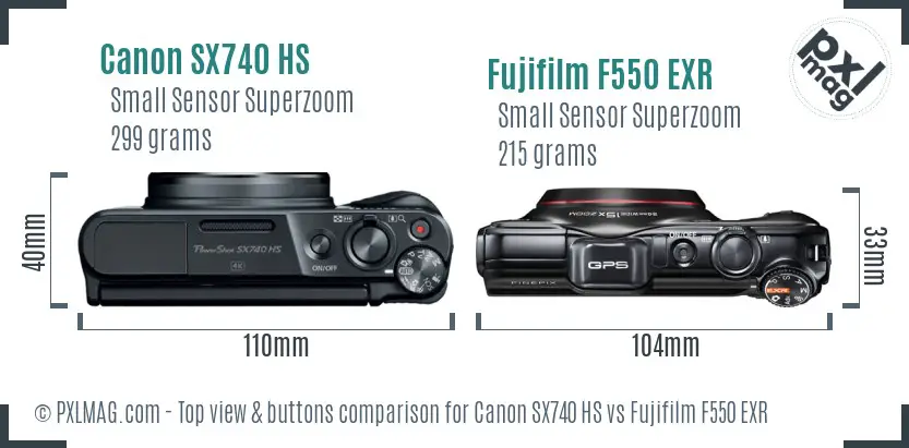 Canon SX740 HS vs Fujifilm F550 EXR top view buttons comparison