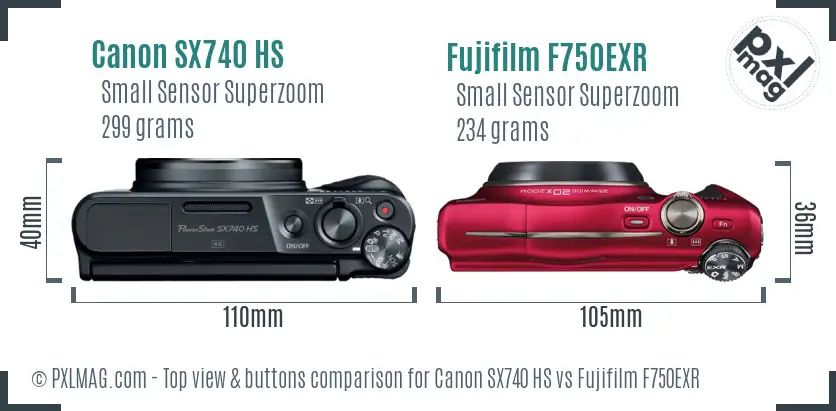 Canon SX740 HS vs Fujifilm F750EXR top view buttons comparison