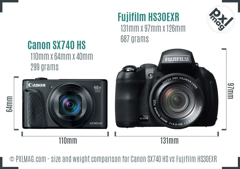 Canon SX740 HS vs Fujifilm HS30EXR size comparison