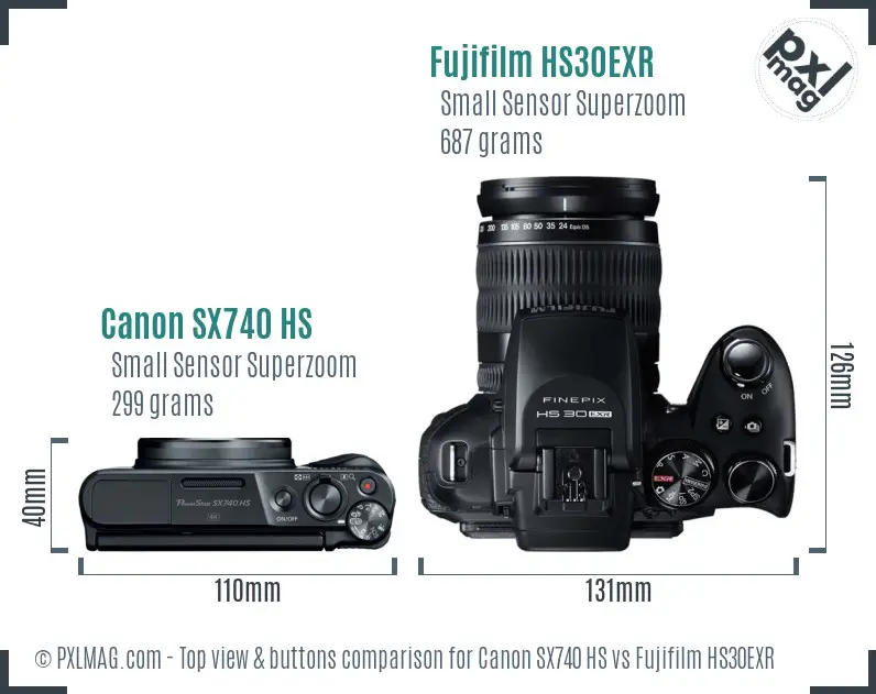 Canon SX740 HS vs Fujifilm HS30EXR top view buttons comparison