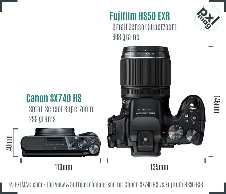 Canon SX740 HS vs Fujifilm HS50 EXR top view buttons comparison