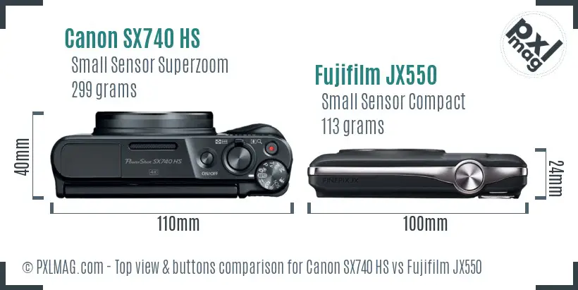 Canon SX740 HS vs Fujifilm JX550 top view buttons comparison Canon SX740 HS vs Fujifilm JX550 top view buttons comparison
