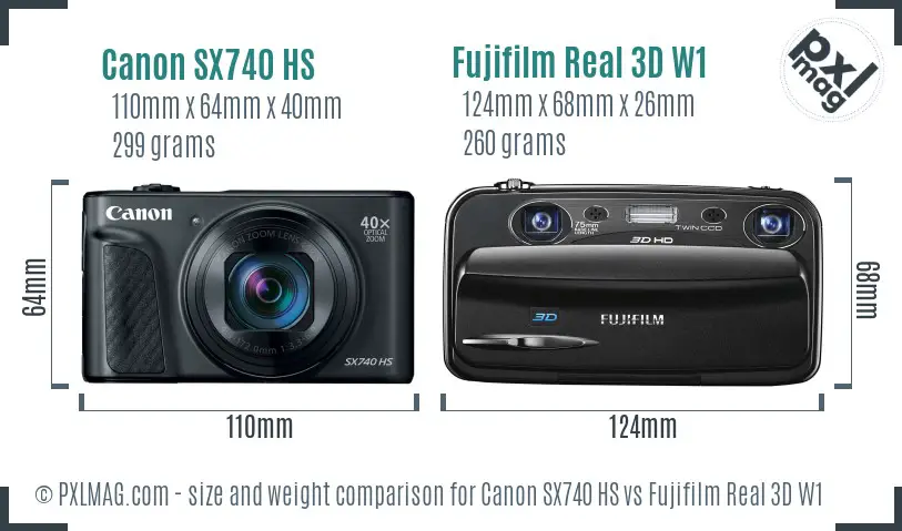 Canon SX740 HS vs Fujifilm Real 3D W1 size comparison