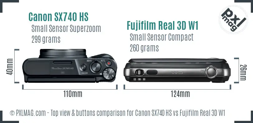 Canon SX740 HS vs Fujifilm Real 3D W1 top view buttons comparison