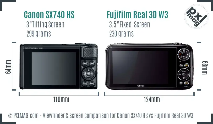 Canon SX740 HS vs Fujifilm Real 3D W3 Screen and Viewfinder comparison