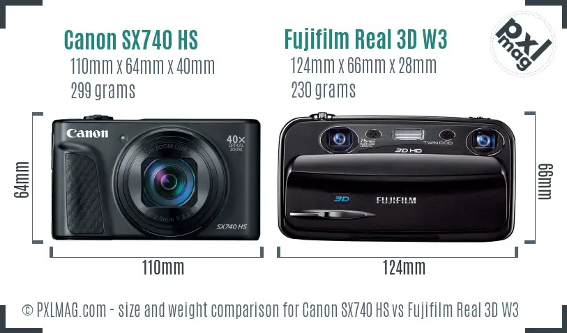 Canon SX740 HS vs Fujifilm Real 3D W3 size comparison