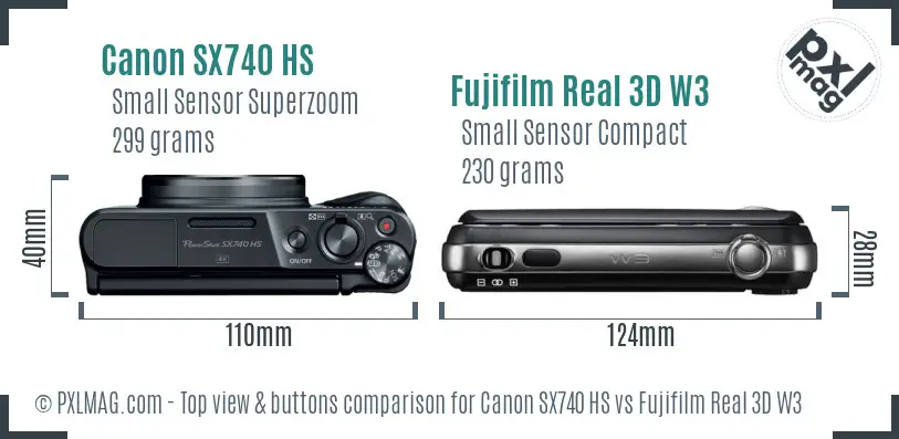 Canon SX740 HS vs Fujifilm Real 3D W3 top view buttons comparison