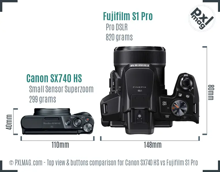 Canon SX740 HS vs Fujifilm S1 Pro top view buttons comparison