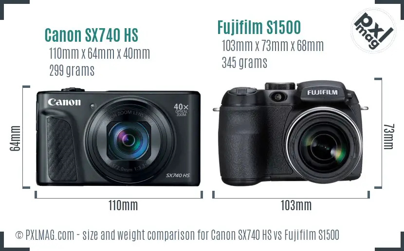 Canon SX740 HS vs Fujifilm S1500 size comparison